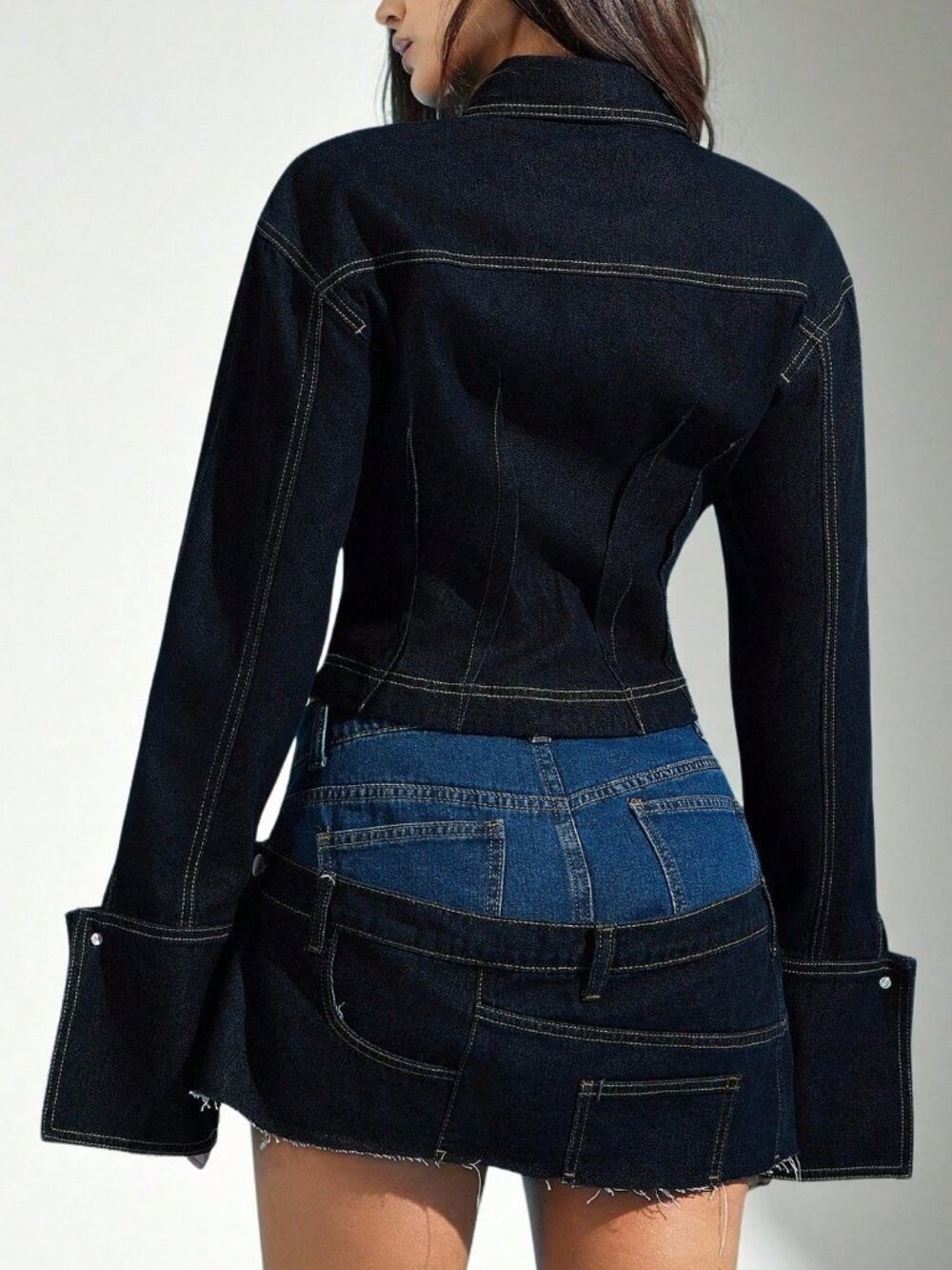 Dark Wash Casual Women's Cinched Waist Exaggerated Cuffs Collared Denim Shirt - Picture 4 of 5
